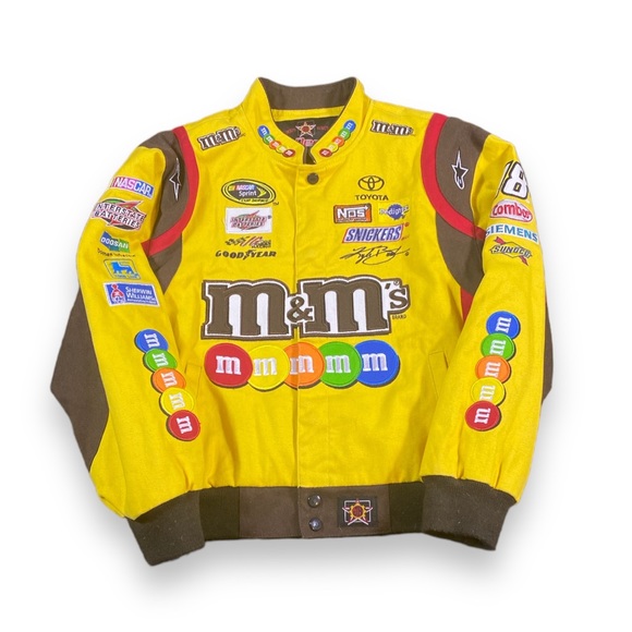 Vintage Kyle Busch M&M Jeff Hamilton Youth Nascar Jacket Medium 7-8 Yellow Brown - Picture 1 of 3